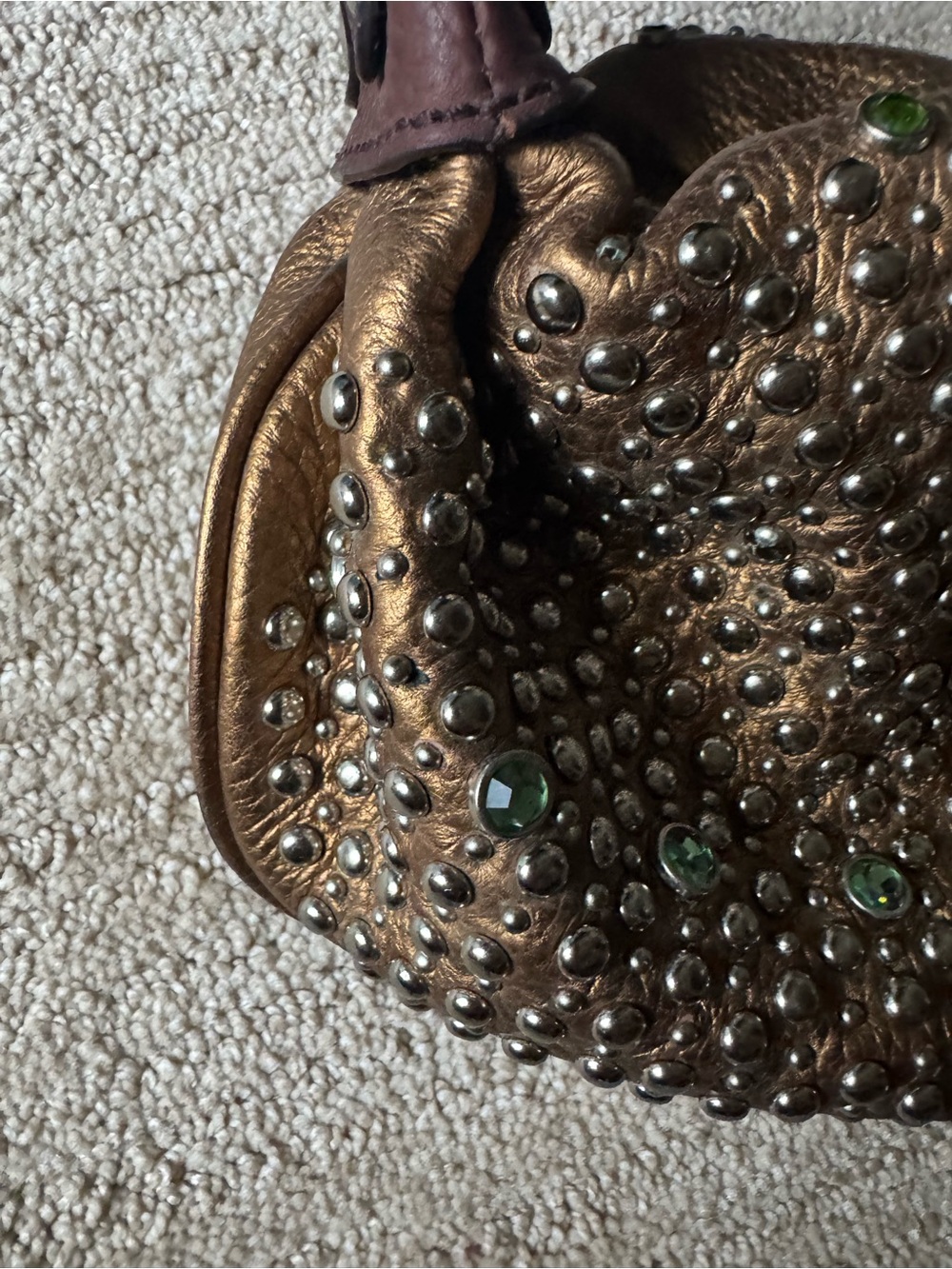 Y2K G Series Cole Haan Bronze Leather Studded Crystal Hobo Shoulder Bag - Picture 3 of 16